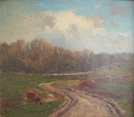 William Henry Howe oil: William Henry Howe (American 1846-1929)- ''In The Fields, Old Lyme, Conn.''- oil on canvasboard, 1901, signed Howe 1901- lower left, titled verso, surface grime. 14 x 16'' 35.6 x 40.6cm