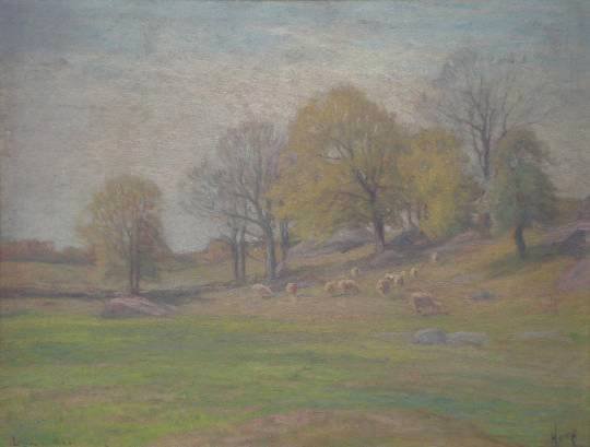 William Henry Howe oil: William Henry Howe (American 1846-1929)- Sheep in Landscape- oil on panel, 1905, signed Howe- lower right, annotated and dated 'Lyme Mass 1905' lower left, surface grime, otherwise very good condition