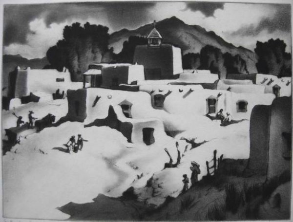 Gene Kloss aquatint: Gene Kloss (American 1903-1996)- ''Southwestern Summer'' (Kloss 399)- aquatint, etching and drypoint, 1945, signed and titled in pencil, very good condition. 8 1/4 x 11'' 21.1 x 28.2cm