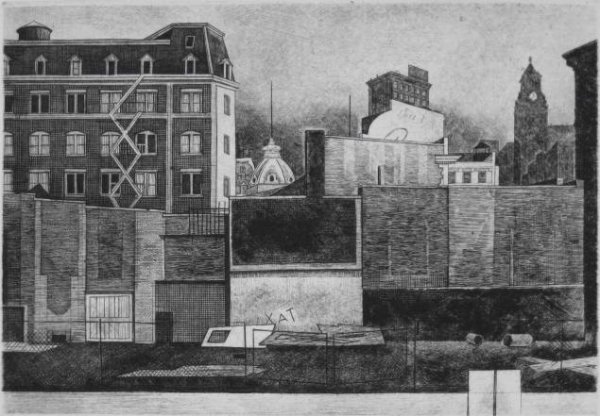 Armin Landeck drypoint: Armin Landeck (American 1905-1984)- ''12th Street Walls'' (Kraeft 93)- drypoint, 1944-78, signed, dated (1978) and annotated 'Ed. 100', very good condition. 8 1/8 x 11 5/8'' 20.8 x 29.8cm