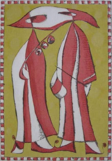 Edward Landon silkscreen: Edward Landon (American 1911-1984)- ''Mummers'' (Ryan 133)- silkscreen in colors, 1948, signed in pencil, edition of 50, very good condition. 12 1/2 x 8'' 32 x 20.5cm