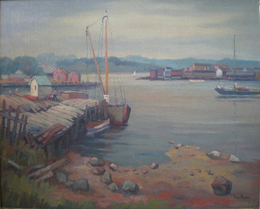 Tunis Ponsen oil: Tunis Ponsen (American 1891-1968)- Lake Scene with Boats and Docks- oil on canvas, signed Tunis Ponsen- lower right, very good condition. 26 1/2 x 33 1/2'' 67.3 x 85.1cm