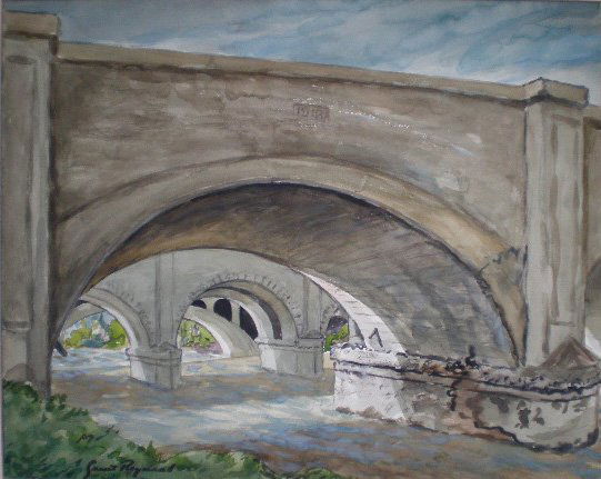Grant Reynard watercolor: Grant Reynard (American 1887-1968)- ''The Three Bridges''- watercolor on paper, 1948, signed Grant Reynard- lower left, also signed, dated and titled in pencil verso, laid down to mat. 16 x 20'' 40.6