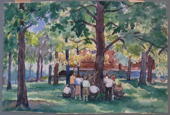 Grant Reynard watercolor: Grant Reynard (American 1887-1968)- ''Botany Class''- watercolor on paper, signed Grant Reynard- lower right, signed and annotated 'Huntington PA Botany Class Grant Reynard', old masking tape around f