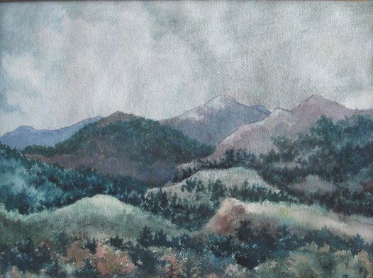 Grant Reynard watercolor: Grant Reynard (American 1887-1968)- ''Shower In The Mountains - Colorado''- watercolor on paper, signed Grant Reynard- lower right, signed and titled in pencil verso, very good condition. 14 x 20'' 35