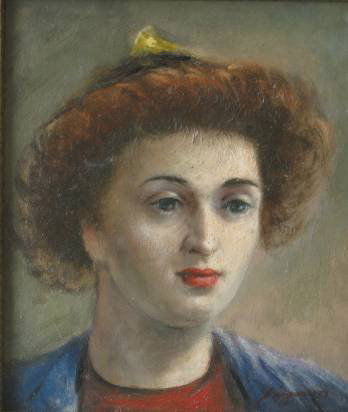 Clyde Singer oil: Clyde Singer (American 1908-1999)- ''Girl's Head''- oil on masonite, 1951, signed C. Singer '51 lower right, very good condition. 12 3/4 x 10 1/2'' 32.4 x 26.7 cm