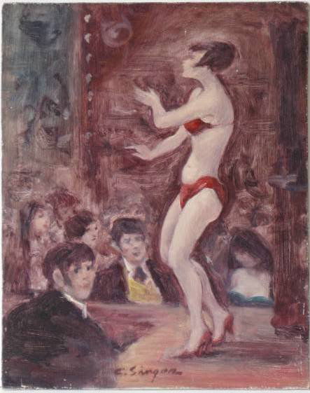 Clyde Singer oil: Clyde Singer (American 1908-1999)- ''Club''- oil on masonite, 1969, signed C. Singer lower center, signed, titled and dated verso, very good condition. 10 x 8'' 25.4 x 20.3cm