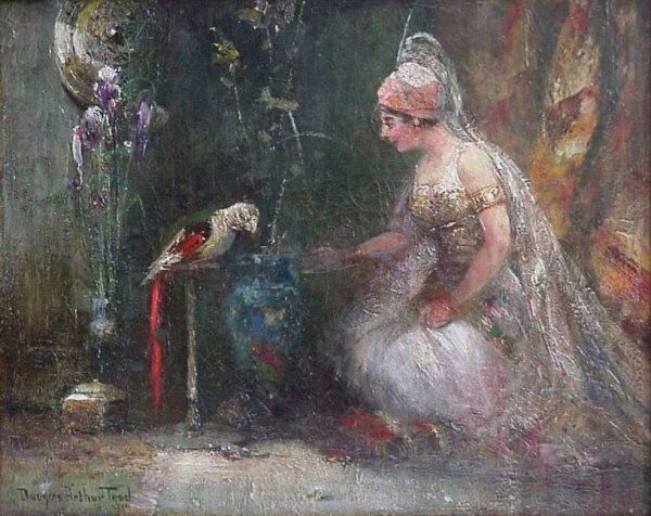 Douglas Arthur Teed oil: Douglas Arthur Teed (American 1864-1929)- Interior Scene with Parrot- oil on canvas, 1910, signed Douglas Arthur Teed 1910 lower left, two repaired tears. 16 x 20'' 40.6 x 50.8 cm