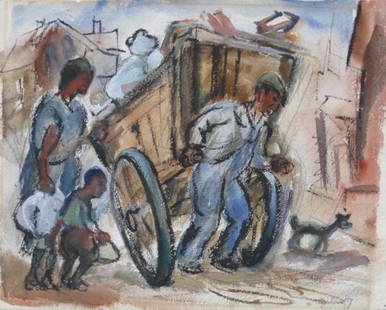 Morris Topchevsky watercolor: Morris Topchevsky (American 1899-1947)- Depression Street Worker- watercolor on paper, ca. 1930, signed. 9 1/2 x 12 1/8'' 24.1 x 30.8 cm
