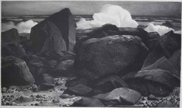 Stow Wengenroth lithograph: Stow Wengenroth (American 1906-1978)- ''Rocks and the Sea'' (Stuckey 56)- lithograph, 1935, signed in pencil, edition of 60, very slightly light struck otherwise very good condition. 9 11/16 x 16 1/2'