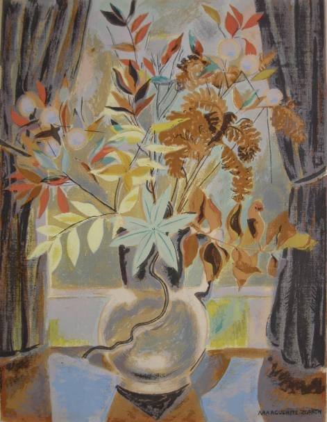Marguerite Zorach silkscreen: Marguerite Zorach (American 1887-1968)- ''Autumn Colors''- silkscreen in colors, tape stains from old cellophane tape top two corners otherwise good condition. 16 1/2 x 12 3/8'' 42.3 x 31.7cm