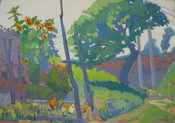 Clara L. Deike gouache: Clara L. Deike (American 1881-1964)- ''Sunflowers and Chicken''- gouache on cardboard, 1912, signed C. L. Deike- lower right, very good condition. 14 1/2 x 20 1/2'' 36.8 x 52.1cm Exhibited: ''The Pain