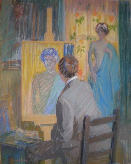 William J. Edmondson pastel: William J. Edmondson (American 1868-1966)- In The Studio- pastel on paper, signed W. J. Edmondson- lower left, one 1'' tear along left side, otherwise very good condition. 28 x 22'' 71.1 x 55.9cm