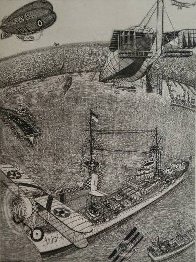 Bruce McCombs etching: Bruce Mc Combs (American 1943-)- ''B. M's Flying Circus''- etching, 1977, signed, titled, dated and numbered 29/200 in pencil, slightly light struck and mat burn, old masking tape stain along top edge