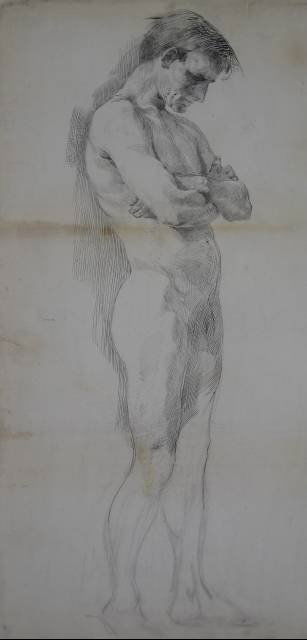 William Sommer pen and ink: William Sommer (American 1867-1949)- Standing Male Nude- pen and ink on paper, 1888, initialed W. L. S. '88- lower left, mounted to a support sheet, some staining throughout image. 28 x 18 1/2'' 71.1