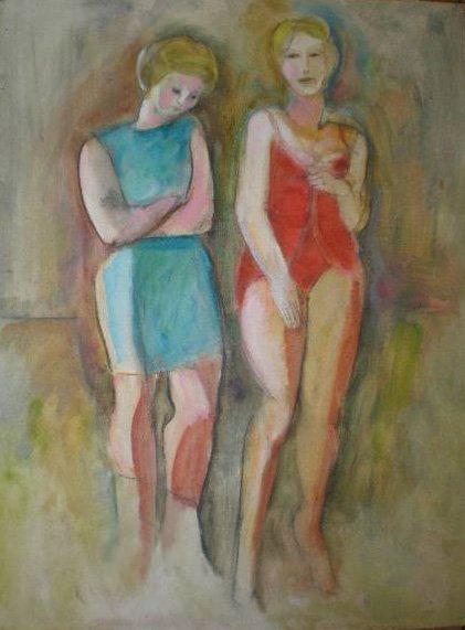 Mary Spain oil: Mary Spain (American 1934-1983)- Two Standing Figures- oil on masonite, edges rough, some chips to paint and masonite. 48 1/4 x 36'' 123 x 91.4cm