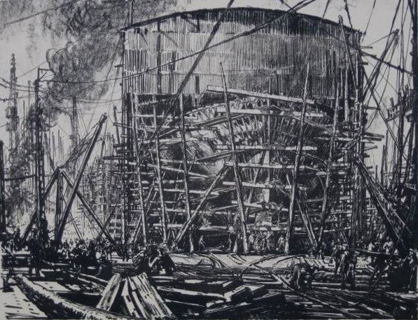 Muirhead Bone lithograph: Muirhead Bone (British 1876-1953)- ''On The Stocks''- lithograph, 1918, signed in pencil, very good condition. 14 x 18'' 35.8 x 46.1cm