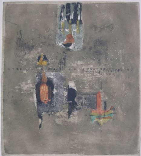 Johnny Friedlaender etching: Johnny Friedlaender (German 1912-1992)- Untitled- etching in colors, signed and numbered 19/50 in pencil, light struck, otherwise very good condition. 19 x 17 1/4'' 48.3 x 43.8cm