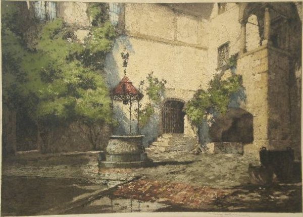 Luigi Kasimir etching: Luigi Kasimir (Austrian 1881-1962)- ''Seebenstein''- etching in colors, signed in pencil, some mat burn, light struck. 16 x 22'' 40.6 x 55.9cm