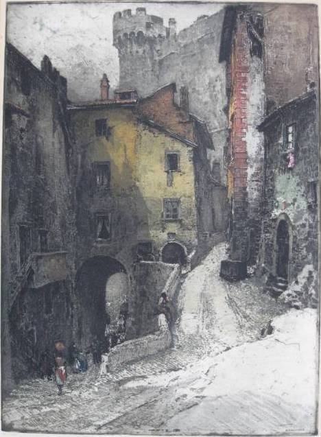 Luigi Kasimir etching: Luigi Kasimir (Austrian 1881-1962)- ''Bracciano''- etching in colors, signed and numbered 93/150 in pencil, slightly light struck, some mat burn, taped to support sheet with paper tape around edges. 1