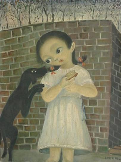 Jean Raffy Le Parson oil: Jean Raffy Le Parson (French 1920-)- Girl and Dog- oil on canvas, signed- lower right, varnish yellowed. 24 x 18 1/2'' 61 x 47cm
