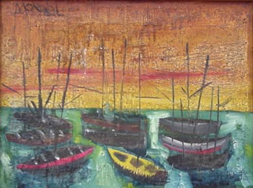 Andres Monreal oil: Andres Monreal (Chilean 20th c.)- ''Boats At Dawn''- oil on canvas, signed- upper left, signed and titled verso, 1 area paint flaking in sky. 12 x 16'' 30.5 x 40.6cm