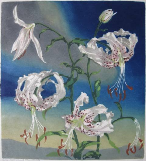 Hugo Noske woodcut: Hugo Noske (Austrian 1886-1960)- ''Lilies in Bloom''- woodcut in colors, ca. 1930, signed in pencil in image, old tape hinges at top, otherwise very good condition. 11 3/4 x 10 1/2'' 29.8 x 26.7cm