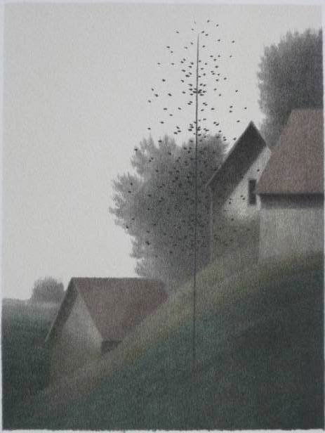 Robert Kipniss lithograph: Robert Kipniss (American 1931- )- Landscape with Houses- lithograph in colors, signed and numbered 81/250 in pencil, very good condition. 8 x 6'' 20.3 x 15.2 cm