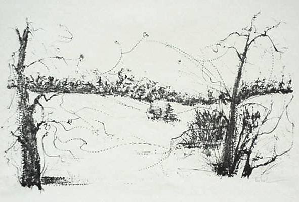 Peter Takal lithograph: Peter Takal (American 1905-1995)- ''Trees and Fields'' (Ishikawa 43)- lithograph, 1957, signed in pencil, edition of 250 plus 10, The Print Club of Cleveland publication no. 35, very good condition. 9
