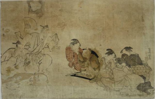 Japanese School woodblock: Japanese School- Entertainment- woodblock in colors, laid on support sheet, worm holes, soiling and staining, handling creases. 8 1/4 x 13'' 21 x 33cm (sheet)