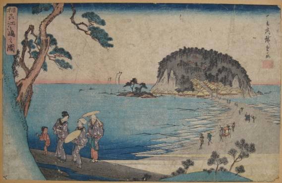 Hiroshige Ando 4 woodblocks: Hiroshige Ando- Temple; Beach Scene; Street Scene at Sunset; Landscape- 4 woodblocks in colors, all trimmed and laid down, some soiling and staining. various sizes