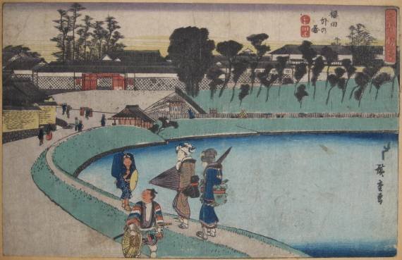 Hiroshige Ando 3 woodblocks: Hiroshige Ando- Street Scene in Hibiya; Boat Sailing Along Ohashi; Travelers in Sakurada- 3 woodblocks in colors, from series Koto Shokei (Views of Edo), all trimmed and laid down, some soiling and st