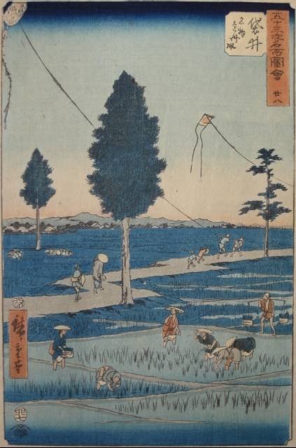 Hiroshige Ando woodblock: Hiroshige Ando- Fukuroi- woodblock in colors, from series 'The Fifty-Three Famous Views [of the Tokaido]', slightly light struck and mat toned, glued to bottom mat at 3 spots along edges verso. 14 1/2