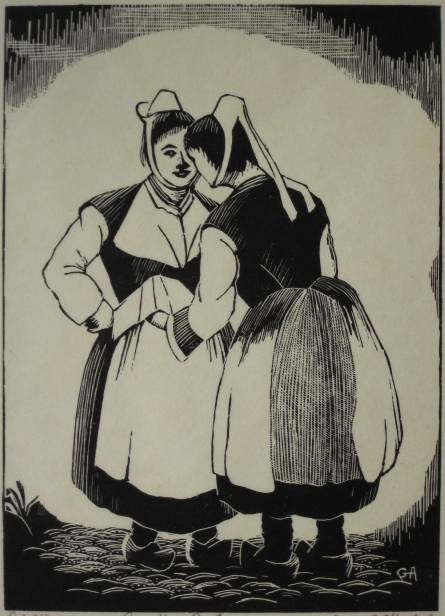 Grace Albee wood engraving: Grace Albee- ''Gossipy Bretons''- wood engraving, 1977, signed, dated, titled and annotated 'Ed. 35' in pencil, very good condition. 6 x 4 3/8'' 15.2 x 11.1 cm