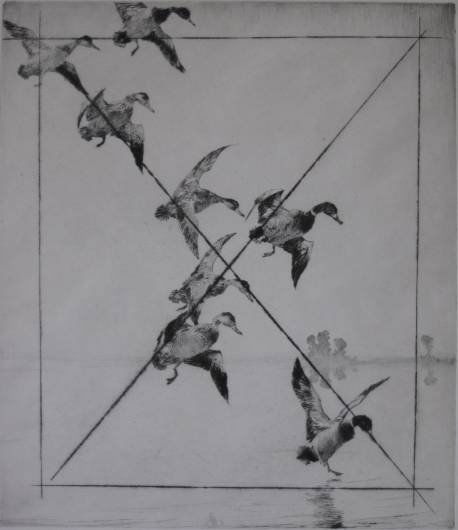 Frank Benson etching: Frank Benson- ''Mallard at Evening'' (Paff 271)- drypoint, 1927, published after plate was cancelled, very good condition. 13 7/8 x 11 7/8'' 35.5 x 28.4 cm