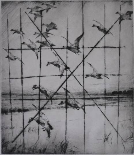 Frank Benson etching: Frank Benson- ''Here They Come!'' (Paff 278)- drypoint, 1928, published after the plate was cancelled. 13 7/8 x 11 3/4'' 35.5 x 30.1 cm