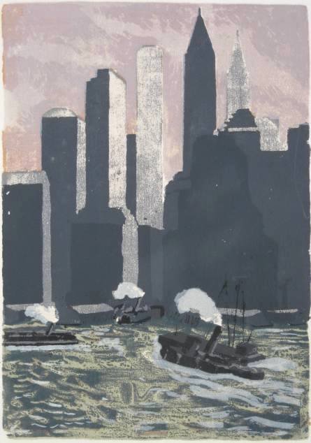 Helen Blumenshein silkscreen: Helen Blumenshein- Tugs in Harbor- silkscreen in colors, ca. 1945, very good condition. 14 x 9 7/8'' 35.6 x 25.1 cm