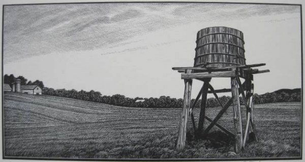 Asa Cheffetz wood engraving: Asa Cheffetz- ''Water Tower'' (Springfield 87)- wood engraving, ca. 1949, signed in pencil, very good condition. 4 5/8 x 8 15/16'' 11.8 x 22.9 cm