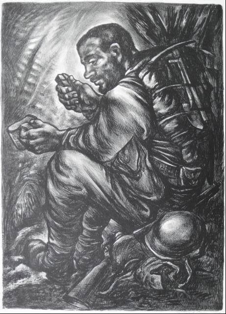 Howard Cook lithograph: Howard Cook- ''Jungle Rations, 1945'' (Duffy 204)- lithograph, 1945, signed and dated in pencil, staining, foxing, soiling and creasing throughout, margins, slightly light struck otherwise good condit