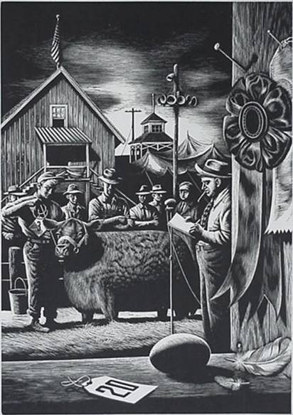Steven Dohanos wood engraving: Steven Dohanos- ''State Fair''- wood engraving, 1948, signed in pencil, edition of 235 plus 10, the Print Club of Cleveland publication No. 26 for 1948, soiling in margin verso, 3 old paper tape hinge