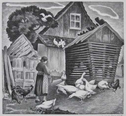 Mabel Dwight lithograph: Mabel Dwight- ''Farmyard'' (Robinson & Pirog 111)- lithograph, 1947, signed in pencil, minor soiling and small tape marks in margins otherwise good condition. 9 7/8 x 10 3/4'' 25.3 x 27.5 cm