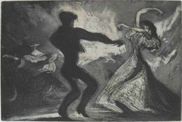 John Groth etching: John Groth- ''Flamenco''- etching and aquatint, signed and titled in pencil, sandwiched and light struck. 12 x 18'' 30.5 x 45.7 cm