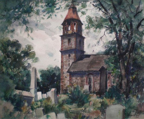 Norman Kent watercolor: Norman Kent- ''Historic St. Paul's Church''- watercolor on paper, 1962, signed and dated 'Norman Kent 1962' lower right, taped to top mat along top edge with paper tape otherwise good condition. 17 1/