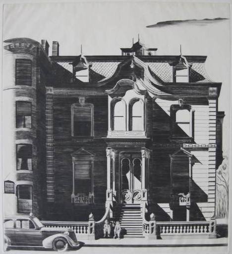 Lawrence Kupferman drypoint: Lawrence Kupferman- Victorian Mansion- drypoint, 1938, signed, titled and dated in pencil, small edition of about 25 done for the WPA, very good condition. 14 x 12 7/8'' 35.6 x 32.7 cm