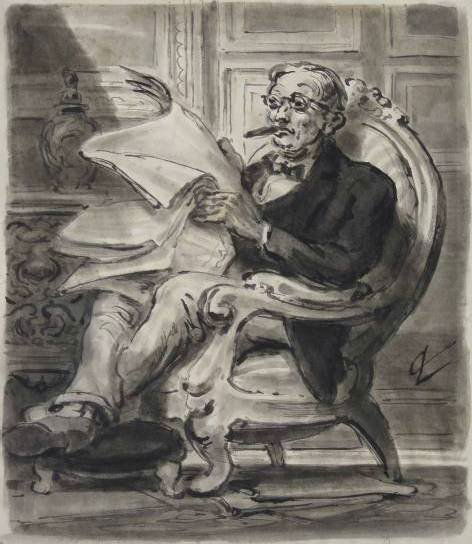 Charles W. Locke ink wash and drawing: Charles W. Locke- At The Club- ink wash and drawing, monogrammed lower right in image, 1959, two old tape stains at top, minor soiling in margins. 15 x 13'' 38.1 x 33 cm