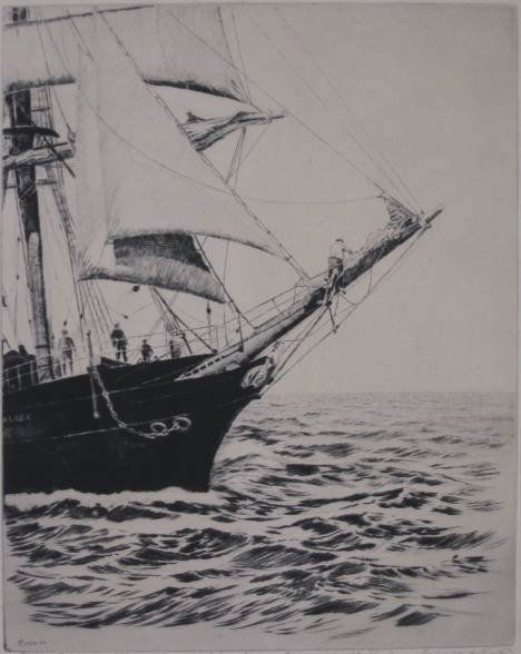 Frederick Owen- 3 etchings: Frederick L. Owen- ''Becalmed in the South Atlantic''; ''Deep Sea Harmony'' and ''Setting Sail''- 3 etchings, all signed and titled in pencil, all slightly light struck and age toned, various sizes.