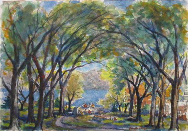 Grant Reynard watercolor: Grant Reynard- ''October Picnic, Park, St. Croix River Stillwater, Minnesota''- watercolor on paper, signed Grant Reynard lower right, signed and titled in pen verso, some old paper tape at edges vers