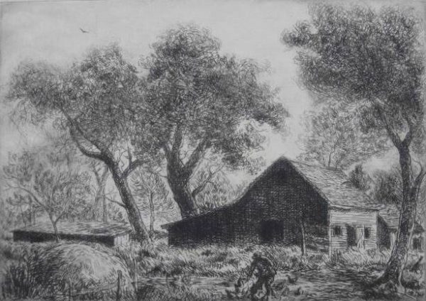 Grant Reynard etching: Grant Reynard- ''Feedin Chickens''- etching, signed in pencil, paper tape hinge remnants otherwise very good condition. 6 7/8 x 10'' 17.5 x 25.4 cm