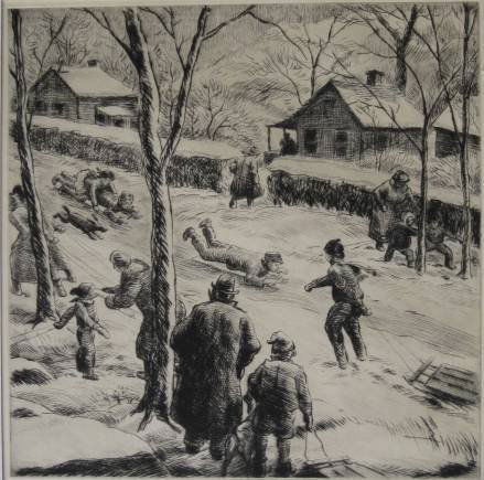 Grant Reynard drypoint: Grant Reynard- ''Sleds and Snow''- drypoint, signed and inscribed 'to Sam Greenwood' in pencil, horizontal crease in top margin- away from image, two old masking tape hinges. 10 7/8 x 10 3/4'' 42.8 x