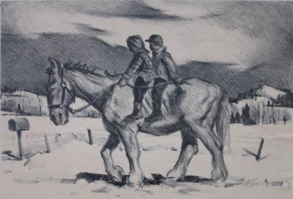 Paul Sample lithograph: Paul Sample- Horseback Riding- lithograph, signed in pencil, laid down, light struck, minor soiling and foxing. 9 x 13 1/4'' 22.9 x 33.7 cm